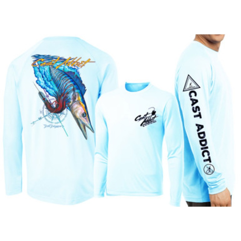 David Dunleavy DMW8053 Cast Addict Wahoo LS Performance Shirt – Arctic Blue – L