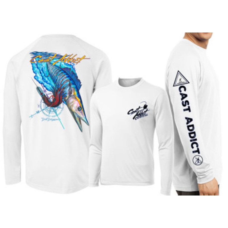 David Dunleavy DMW8053 Cast Addict Wahoo LS Performance Shirt – White – L