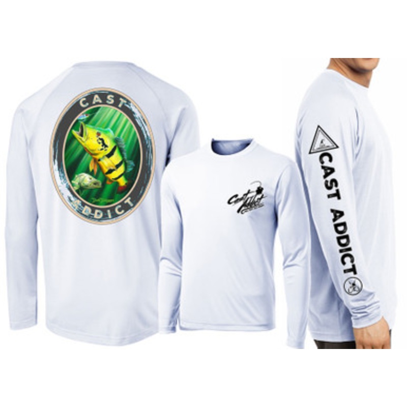 David Dunleavy DMW8054 Cast Addict Peacock Bass/Snook LS Performance Shirt – Pearl Grey – L