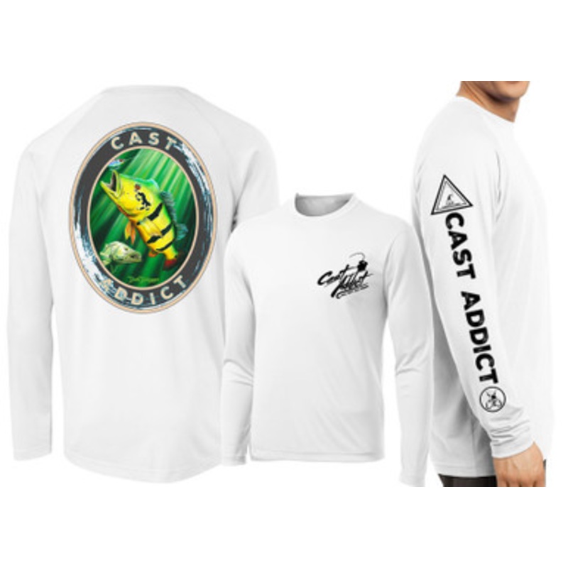 David Dunleavy DMW8054 Cast Addict Peacock Bass/Snook LS Performance Shirt – White – L
