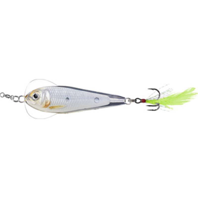 LIVETARGET Flutter Shad Jigging Spoon – 2-5/8in – Glow/Pearl
