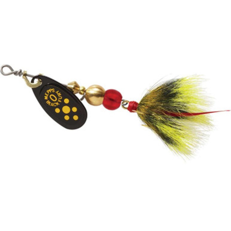 Mepps Black Fury Inline Spinner – #0 – Yellow Dot Blade w/ Gray & Yellow Tail